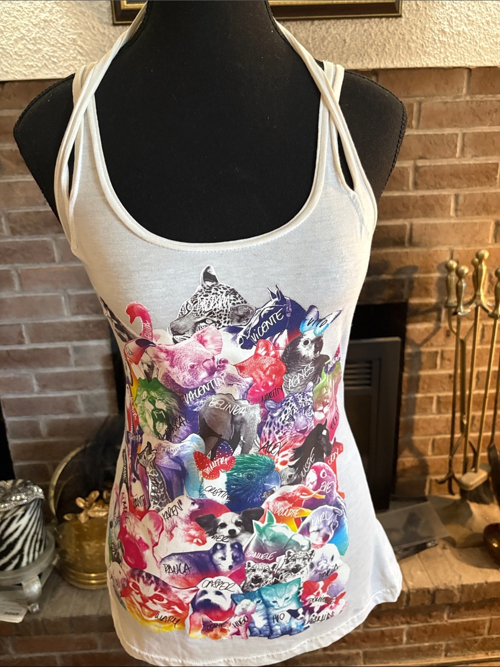 Mango White Multicolor Animal Print Double-Strap Tank